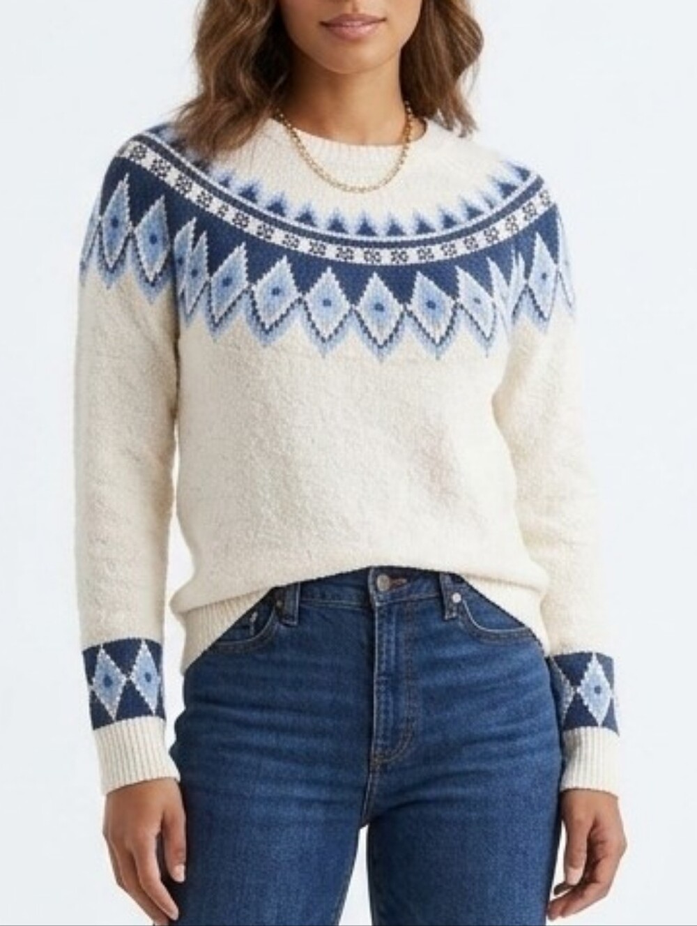 Blair Women's Fair Isle Knit Sweater Small Cream Blue Nordic Pattern Diamond